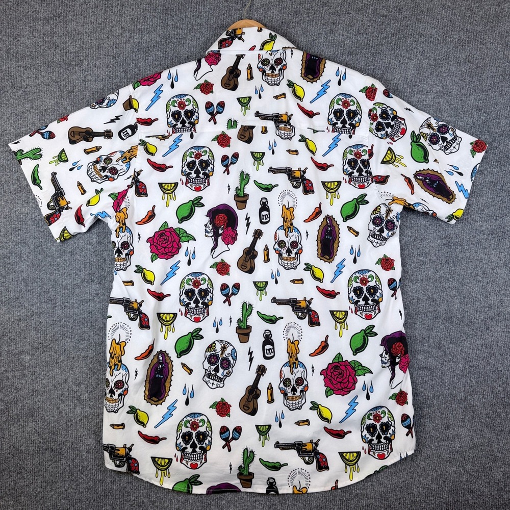 Dixxon Flannel Co Shirt Mens L White La Ofrenda Day of the Dead Skulls Gun Party - Picture 3 of 9
